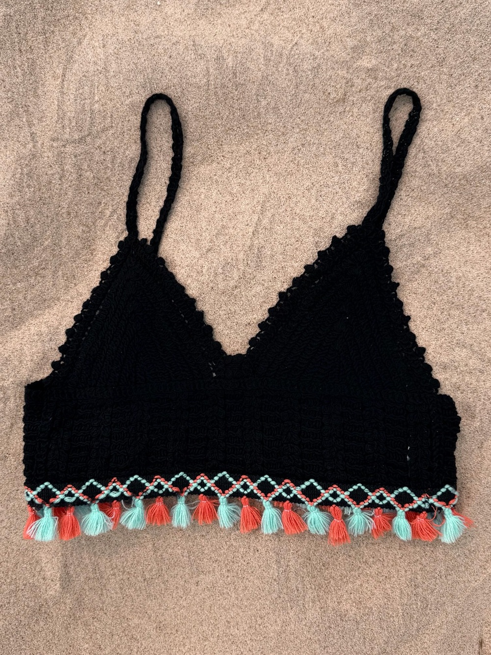 Adora Women’s Crochet Bralette with Coral & Blue Tassel Trim